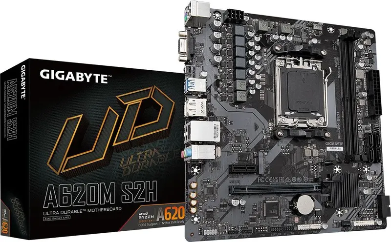 GIGABYTE A620M S2H, AM5, A620, 2*DDR5, DP+HDMI+D-Sub,  4 SATA 6 Гб/с, M2, Audio, Gb LAN, USB 3.2, USB 2.0, mATX