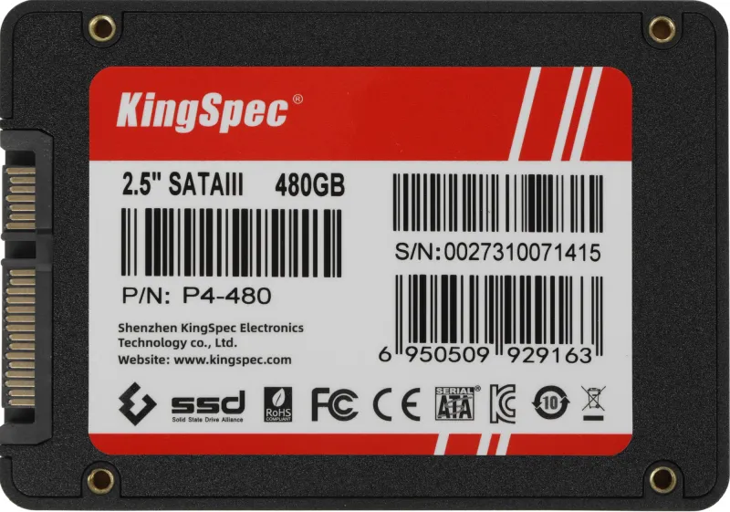 Твердотельный накопитель KingSpec SSD 480GB SATA III 2.5" R550/W500MB/s 3D TLC MTBF 1M 120TBW