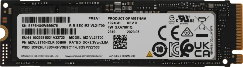 Накопитель SSD Samsung PCIe 4.0 x4 1TB MZVL21T0HCLR-00B00 PM9A1 M.2 2280 OEM
