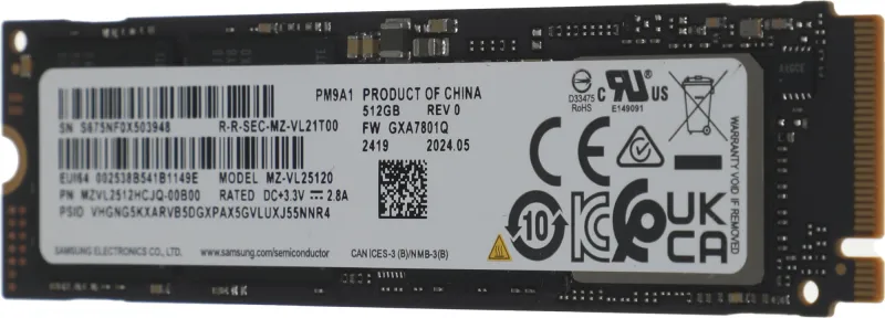 Твердотельный накопитель SSD M.2 (NVMe, PCI-E 4.0 x4) 512Gb Samsung PM9A1 (R6900/W5000MB/s) 1year, OEM