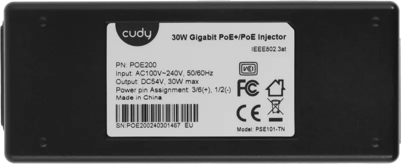 Инжектор PoE Cudy POE200 10/100/1000BASE-T 30Вт 54В(DC)