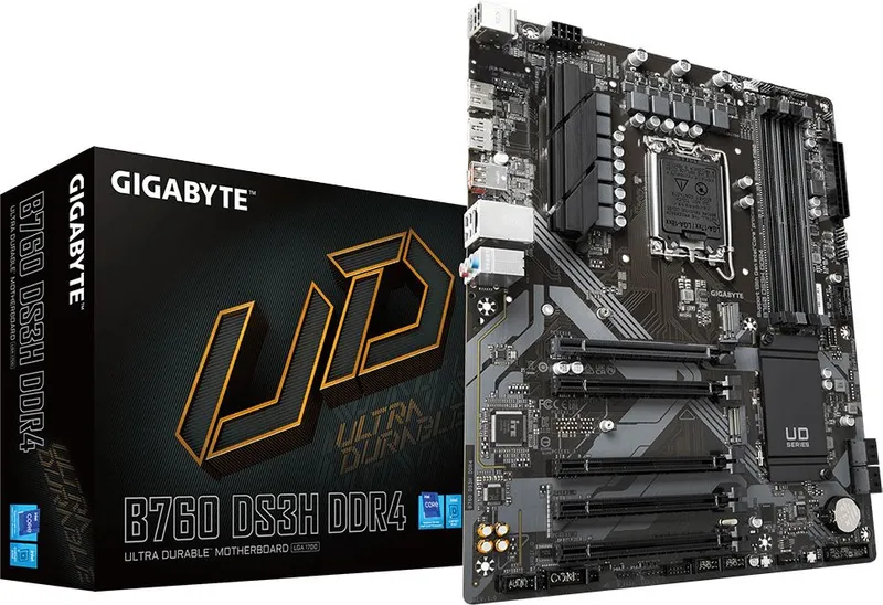 Материнская плата GIGABYTE B760 DS3H DDR4, LGA1700, B760, 4*DDR4, DP+HDMI,  4 SATA 6 Гб/с, M2, Audio, Gb LAN, USB 3.2, USB 2.0, Type-C, COM*1 port, ATX
