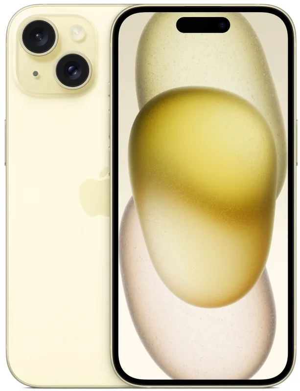 Смартфон Apple A3090 iPhone 15 128Gb желтый моноблок 3G 4G 1Sim 6.1" 1179x2556 iOS 16 48Mpix 802.11 a/b/g/n/ac/ax NFC GPS Protect
