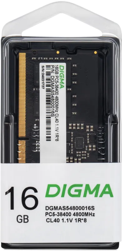 Память DDR5 16GB 4800MHz Digma DGMAS54800016S RTL PC5-38400 CL40 SO-DIMM 262-pin 1.1В single rank Ret