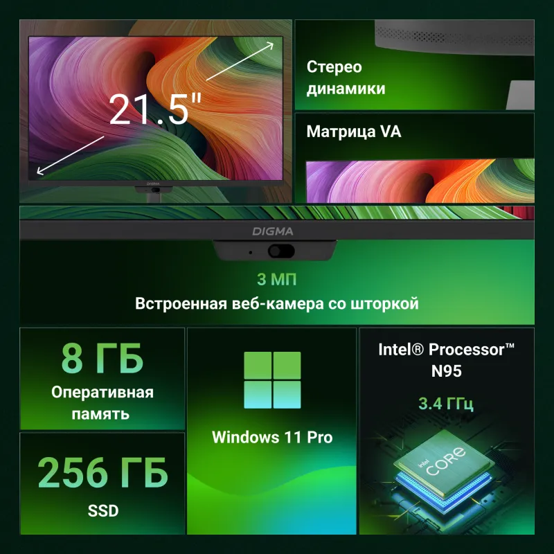 Моноблок Digma Action 21.5" Full HD N95 (1.7) 8Gb SSD256Gb UHDG 600 CR Windows 11 Professional GbitEth WiFi BT 36W клавиатура мышь Cam черный 1920x1080
