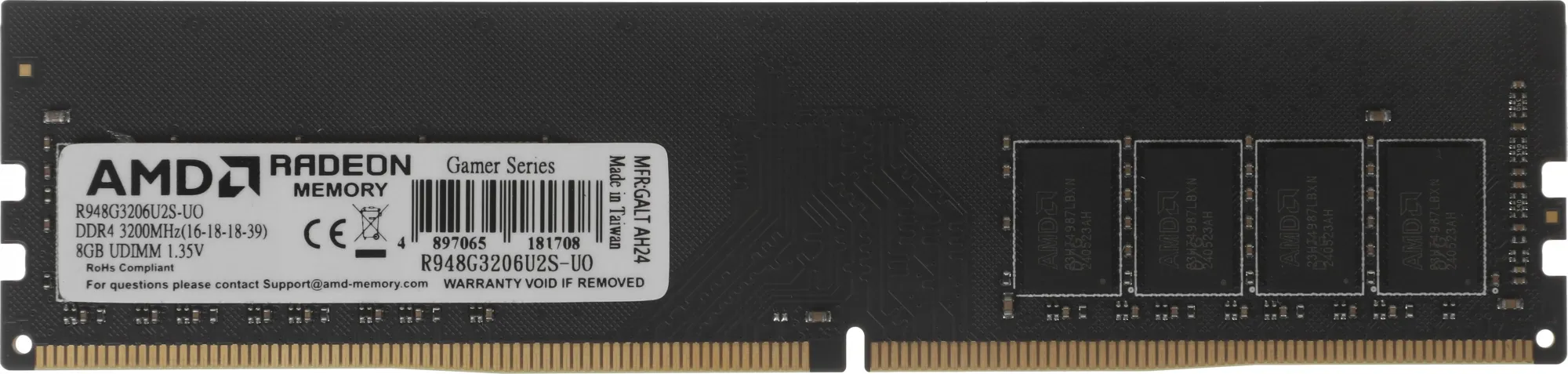 Память DDR4 8GB 3200MHz AMD R948G3206U2S-UO Radeon R9 Gamer Series OEM Gaming PC4-25600 CL16 DIMM 288-pin 1.35В OEM