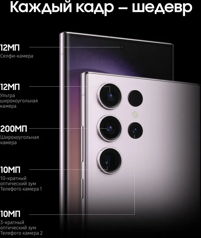 Смартфон Samsung SM-S918B Galaxy S23 Ultra 5G 256Gb 12Gb лаванда моноблок 3G 4G 2Sim 6.8" 1440x3088 Android 13 200Mpix 802.11 a/b/g/n/ac/ax NFC GPS GSM900/1800 GSM1900 TouchSc Protect