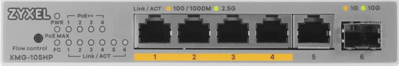 Коммутатор Zyxel XMG-105HP-EU0101F (L2) 5x2.5Гбит/с 1SFP+ 4PoE++ 70W неуправляемый