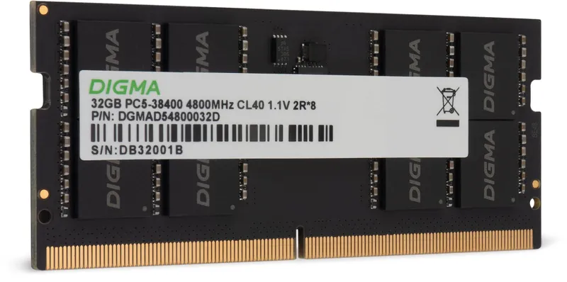 Память DDR5 32GB 4800MHz Digma DGMAS54800032D RTL PC5-38400 CL40 SO-DIMM 288-pin 1.1В dual rank Ret
