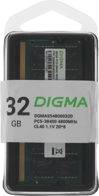 Память DDR5 32GB 4800MHz Digma DGMAS54800032D RTL PC5-38400 CL40 SO-DIMM 288-pin 1.1В dual rank Ret