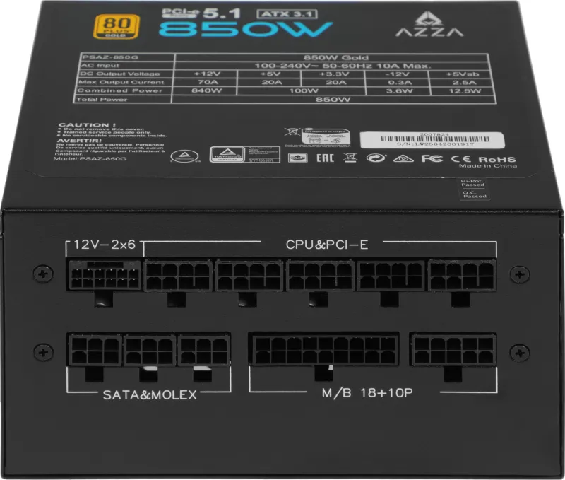 Блок питания Azza ATX 850W PSAZ-850G 80+ gold 24pin APFC 120mm fan 9xSATA Cab Manag RTL