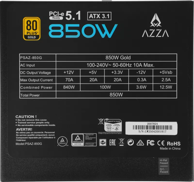 Блок питания Azza ATX 850W PSAZ-850G 80+ gold 24pin APFC 120mm fan 9xSATA Cab Manag RTL
