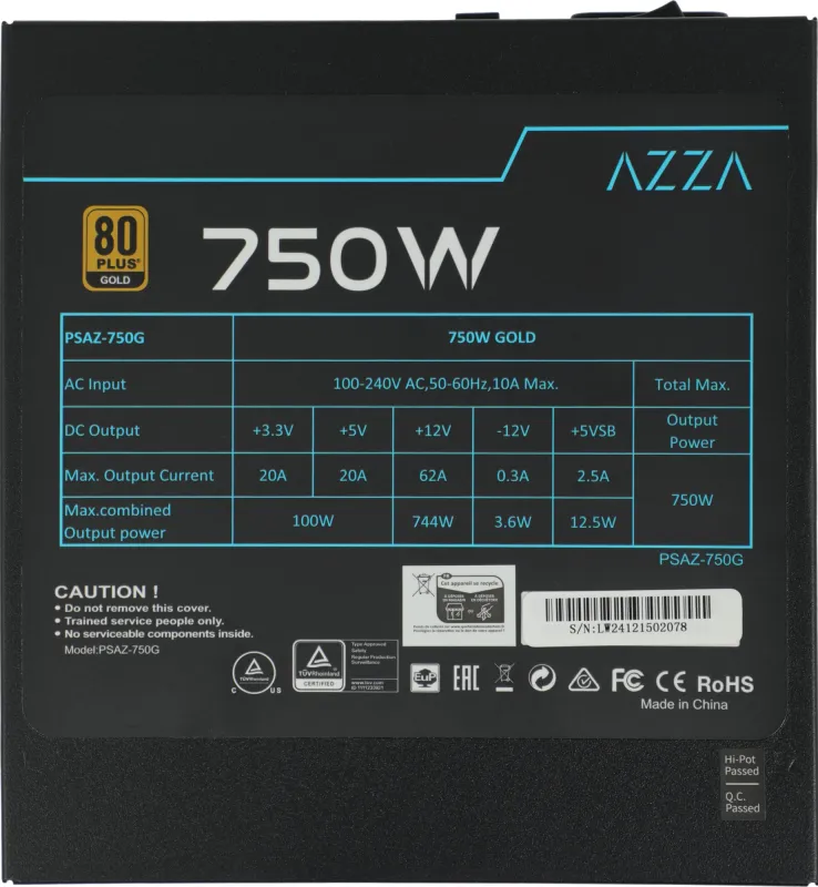 Блок питания Azza ATX 750W PSAZ-750W 80+ bronze (20+4pin) APFC 120mm fan 5xSATA RTL