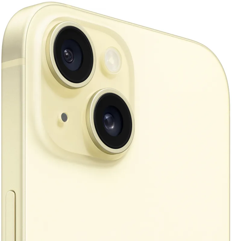 Смартфон Apple A3090 iPhone 15 128Gb желтый моноблок 3G 4G 1Sim 6.1" 1179x2556 iOS 16 48Mpix 802.11 a/b/g/n/ac/ax NFC GPS Protect