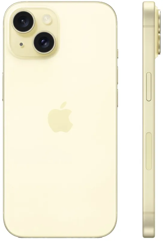 Смартфон Apple A3090 iPhone 15 128Gb желтый моноблок 3G 4G 1Sim 6.1" 1179x2556 iOS 16 48Mpix 802.11 a/b/g/n/ac/ax NFC GPS Protect