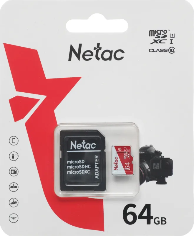 Носитель информации Netac P500 ECO 64GB MicroSDXC U1/C10 up to 80MB/s, retail pack with SD Adapter