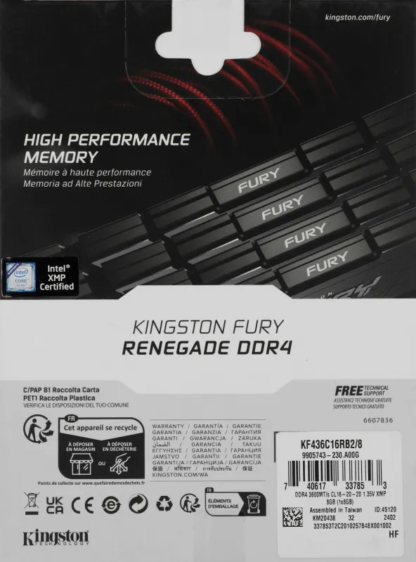 Память DDR4 8GB 3600MHz Kingston KF436C16RB2/8 Fury Renegade Black RTL Gaming PC4-28800 CL16 DIMM 288-pin 1.35В dual rank с радиатором Ret