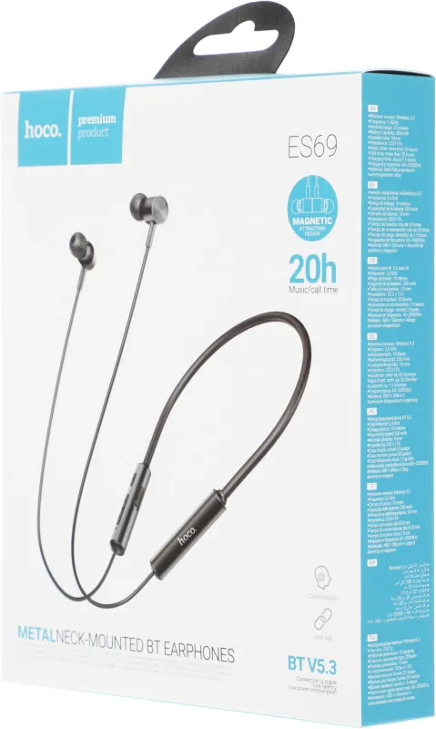 Гарнитура вкладыши Hoco ES69 черный беспроводные bluetooth шейный обод