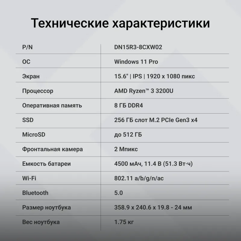 Ноутбук Digma EVE A5820 Ryzen 3 3200U 8Gb SSD256Gb AMD Radeon 15.6" IPS FHD (1920x1080) Windows 11 Professional black WiFi BT Cam 4500mAh (DN15R3-8CXW02)