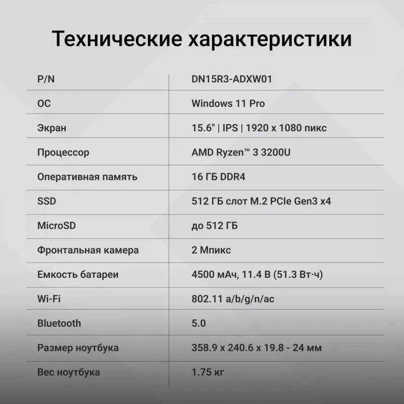 Ноутбук Digma EVE A5820 Ryzen 3 3200U 16Gb SSD512Gb AMD Radeon 15.6" IPS FHD (1920x1080) Windows 11 Professional black WiFi BT Cam 4500mAh (DN15R3-ADXW01)