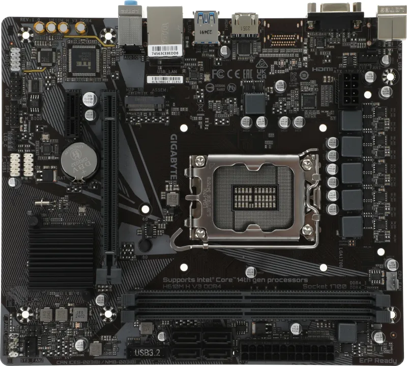 Материнская плата GIGABYTE H610M H V3 DDR4, LGA1700, H610, 2*DDR4, D-Sub+HDMI,  4 SATA 6 Гб/с, M2, Audio, Gb LAN, USB 3.2, USB 2.0, COM*1 header, mATX