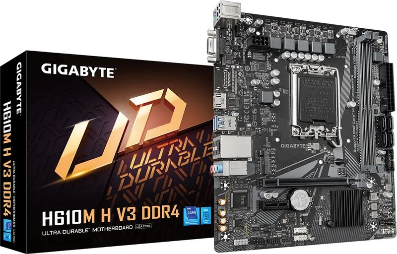 Материнская плата GIGABYTE H610M H V3 DDR4, LGA1700, H610, 2*DDR4, D-Sub+HDMI,  4 SATA 6 Гб/с, M2, Audio, Gb LAN, USB 3.2, USB 2.0, COM*1 header, mATX