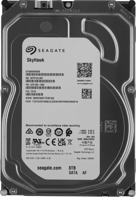 Жесткий диск Seagate SATA-III 8TB ST8000VX009 Surveillance Skyhawk 4KN (7200rpm) 256Mb 3.5"