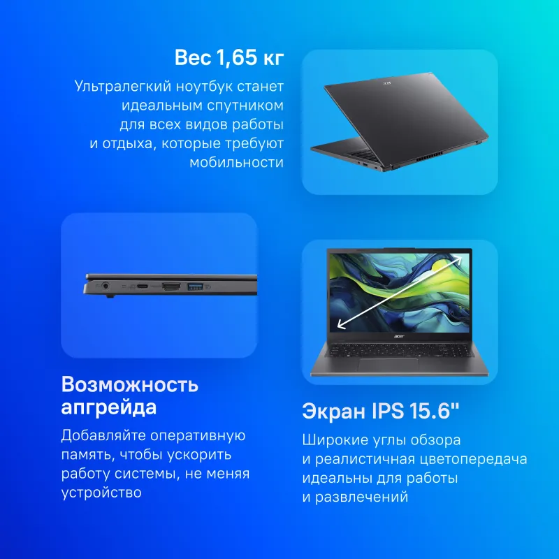 Ноутбук Acer Aspire 15 A15-41M-R309 Ryzen 5 7535U 16Gb SSD512Gb AMD Radeon 660M 15.6" IPS FHD (1920x1080) без ОС metall WiFi BT Cam (NX.KXNCD.004)