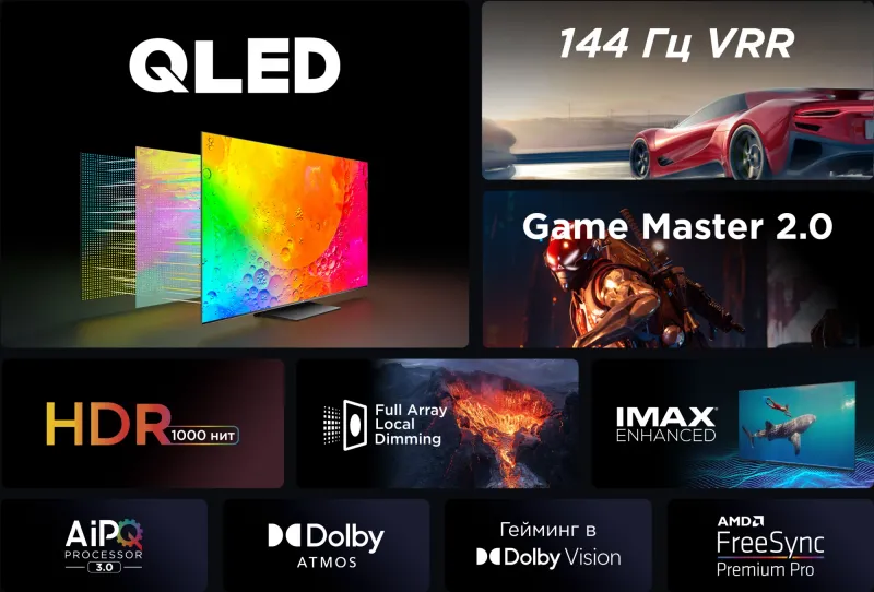 Телевизор QLED TCL 65" 65C745 черный 4K Ultra HD 120Hz DVB-T DVB-T2 DVB-C DVB-S DVB-S2 USB WiFi Smart TV