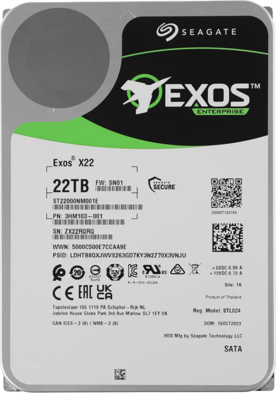 Жесткий диск Seagate Exos X22 HDD SATA 22Tb, 7200 rpm, 512Mb buffer, 512e/4Kn, CMR, ST22000NM001E, 1 year