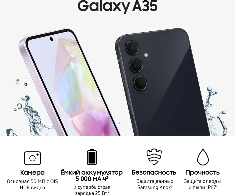 Смартфон Samsung SM-A356E Galaxy A35 5G 256Gb 8Gb темно-синий моноблок 3G 4G 2Sim 6.6" 1080x2340 Android 14 50Mpix 802.11 a/b/g/n/ac/ax NFC GPS GSM900/1800 GSM1900 TouchSc Protect microSD max1024Gb