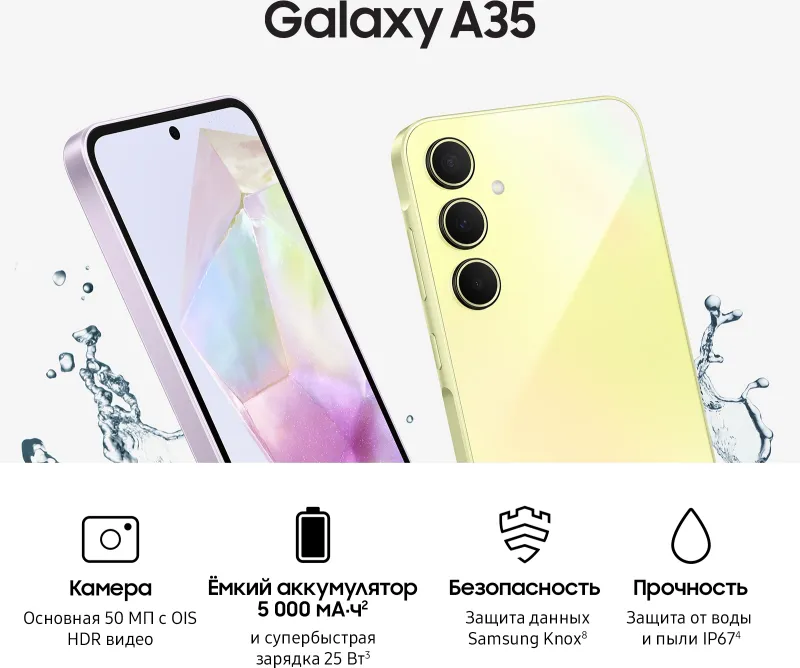 Смартфон Samsung SM-A356E Galaxy A35 5G 256Gb 8Gb желтый моноблок 3G 4G 2Sim 6.6" 1080x2340 Android 14 50Mpix 802.11 a/b/g/n/ac/ax NFC GPS GSM900/1800 GSM1900 TouchSc Protect microSD max1024Gb