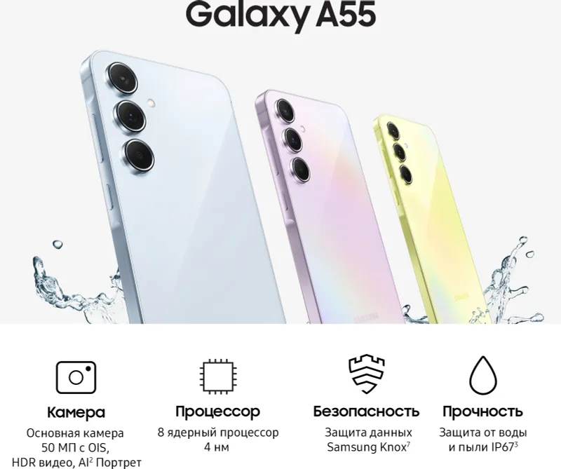 Смартфон Samsung SM-A556E Galaxy A55 5G 256Gb 8Gb темно-синий моноблок 3G 4G 2Sim 6.6" 1080x2340 Android 14 50Mpix 802.11 a/b/g/n/ac/ax NFC GPS GSM900/1800 GSM1900 TouchSc Protect microSD max1024Gb