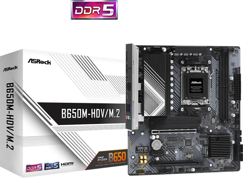 Материнская плата ASROCK B650M-HDV/M.2, AM5, B650, 2*DDR5, HDMI+DP, 4xSATA3 6.0, M.2 Socket, RAID, USB 3.2, USB 2.0, Type-C, mATX