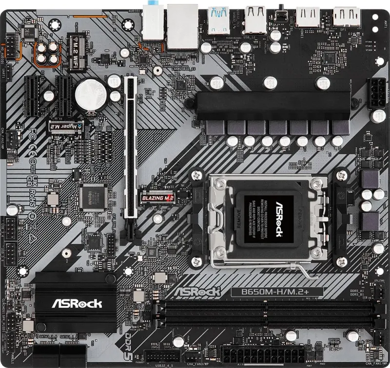 Материнская плата ASROCK B650M-H/M.2+, AM5, B650, 2*DDR5, HDMI+DP, 4xSATA3 6.0, M.2 Socket, RAID, USB 3.2, USB 2.0, Type-C, mATX