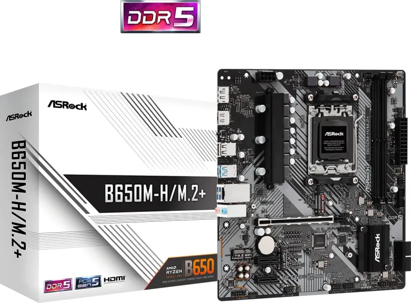 Материнская плата ASROCK B650M-H/M.2+, AM5, B650, 2*DDR5, HDMI+DP, 4xSATA3 6.0, M.2 Socket, RAID, USB 3.2, USB 2.0, Type-C, mATX