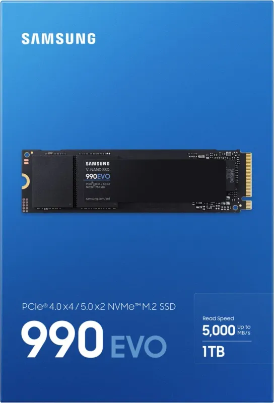 твердотельные диски SSD M.2 (PCI-E NVMe 2.0 Gen 4.0 x4) 1Tb Samsung 990 EVO (R5000/W4200MB/s) 1year