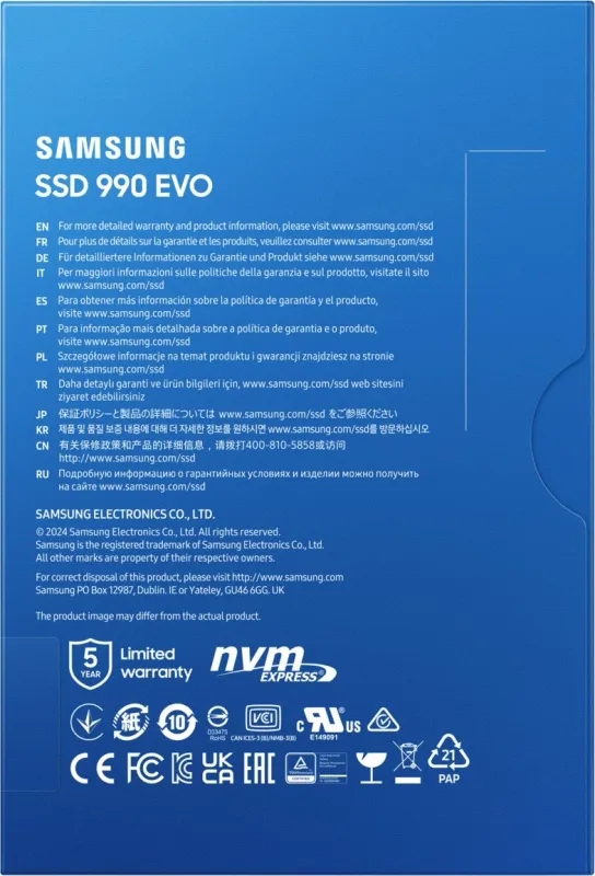 твердотельные диски SSD M.2 (PCI-E NVMe 2.0 Gen 4.0 x4) 1Tb Samsung 990 EVO (R5000/W4200MB/s) 1year