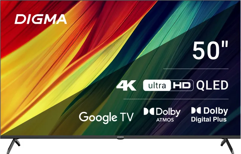 Телевизор QLED Digma 50" DM-LED50UQB31 Google TV Frameless Metal черный/черный 4K Ultra HD 60Hz MEMC DVB-T DVB-T2 DVB-C DVB-S DVB-S2 USB WiFi Smart TV