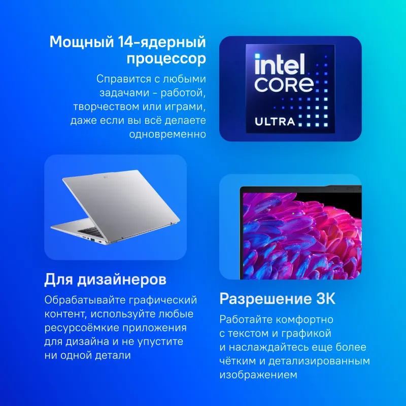 Ноутбук Acer Swift Go 14 SFG14-73-54WC Core Ultra 5 125H 16Gb SSD1Tb Intel Arc 14" IPS WQXGA+ (2880x1800) Windows 11 Home silver WiFi BT Cam (NX.KV4CD.002)