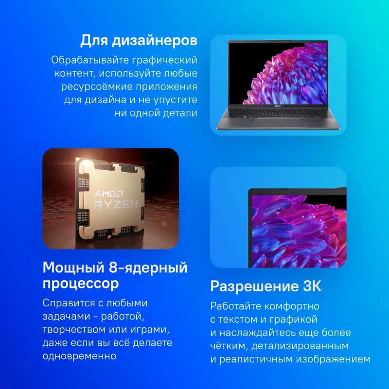 Ноутбук Acer Swift Go 14 SFG14-63-R57X Ryzen 7 8845HS 16Gb SSD1Tb AMD Radeon 14" OLED 2.8K (2880x1800) Windows 11 Home metall WiFi BT Cam (NX.KTSCD.003)