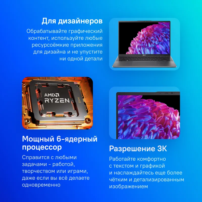 Ноутбук Acer Swift Go 14 SFG14-63-R8U9 Ryzen 5 8645HS 16Gb SSD1Tb AMD Radeon 14" OLED 2.8K (2880x1800) Windows 11 Home metall WiFi BT Cam (NX.KTSCD.002)