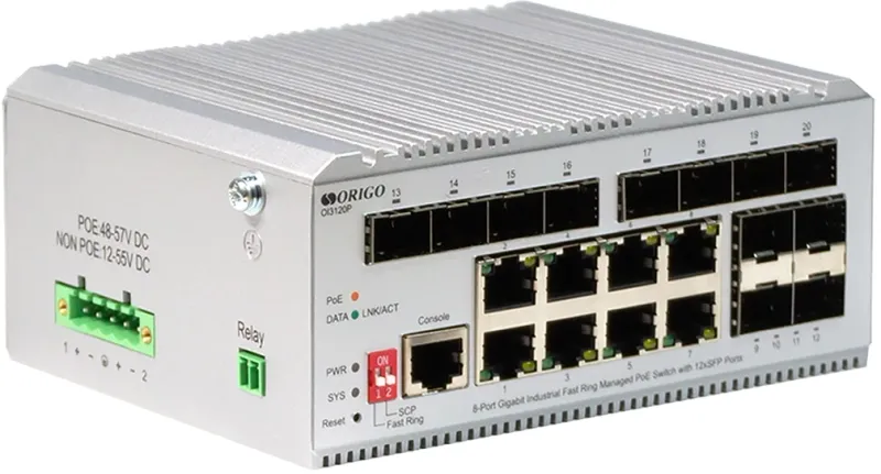 Коммутатор ORIGO Managed L2 Industrial Fast Ring Switch 8x1000Base-T PoE, 12x1000Base-X SFP, PoE Budget 185W, Surge 4KV, -40 to 75°C