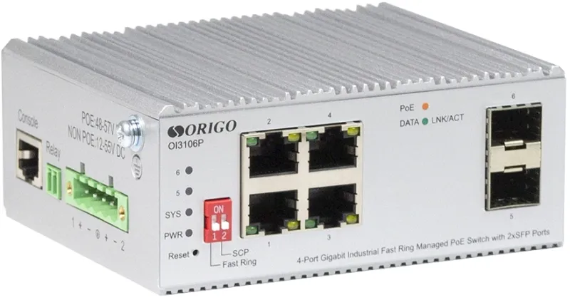 Коммутатор ORIGO Managed L2 Industrial Fast Ring Switch 4x1000Base-T PoE, 2x1000Base-X SFP, PoE Budget 60W, Surge 4KV, -40 to 75°C