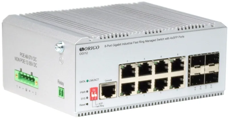 Коммутатор ORIGO Managed L2 Industrial Fast Ring Switch 8x1000Base-T, 4x1000Base-X SFP, Surge 4KV, -40 to 75°C