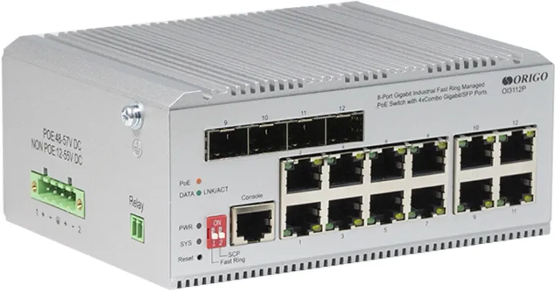 Коммутатор ORIGO Managed L2 Industrial Fast Ring Switch 8x1000Base-T PoE, 4xCombo 1000Base-T/SFP, PoE Budget 185W, Surge 4KV, -40 to 75°C
