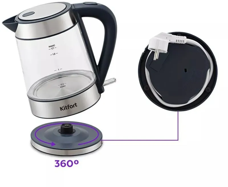 Чайник электрический Kitfort КТ-6680 1.7л. 2200Вт нержавеющая сталь/черный корпус: пластик/стекло