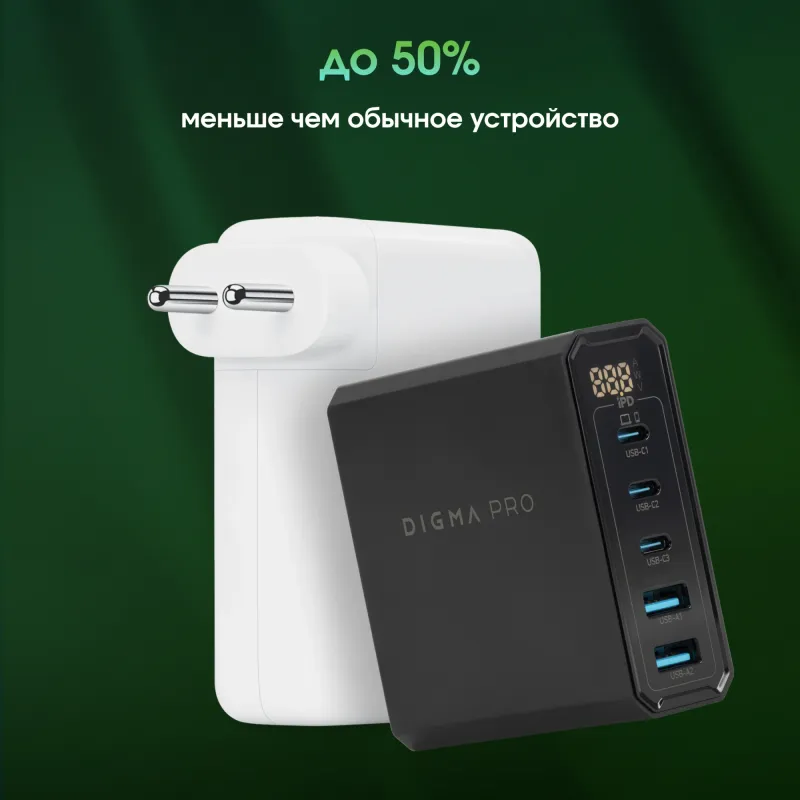 Настольное зар./устр. Digma Pro DPW10A 140W 5A (PD+QC) 3хUSB-C/2xUSB-A универсальное черный (DPW1A4G024BK)