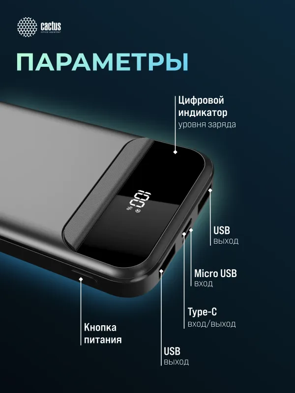 Мобильный аккумулятор Cactus CS-PBFSCA-10000 10000mAh 4.5A 2xUSB-A/USB-C черный