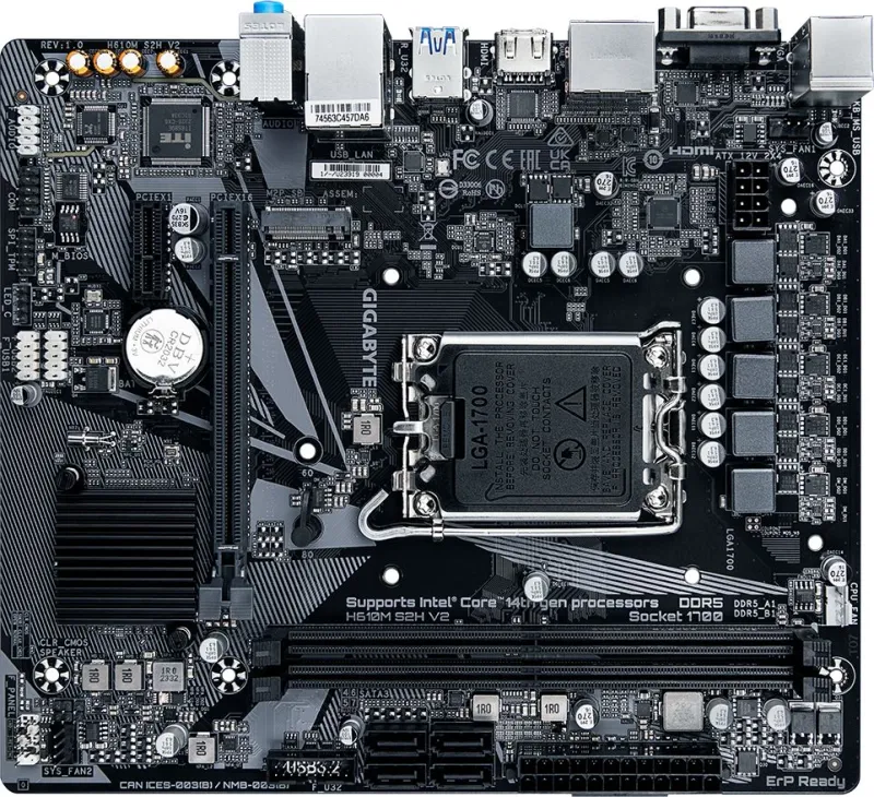 GIGABYTE H610M S2H, LGA1700, H610, 2*DDR5, 4*SATA, 1*M.2, 2*USB 3.2, 4*USB 2.0, 1*PCIx16, 1*PCIx1, D-Sub+HDMI+2*DP, mATX